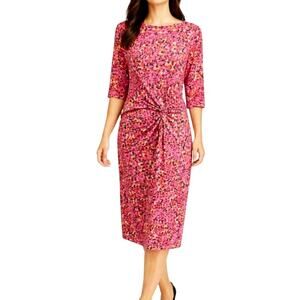 CHAUS Dress Women's Size L Pink Knotted Ruched Stretch Lined Short Sleeves